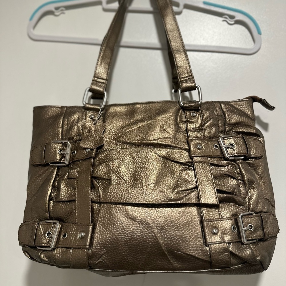 Leather Y2K style metallic bronze colored Ruched Tote Style Zip Closure handbag